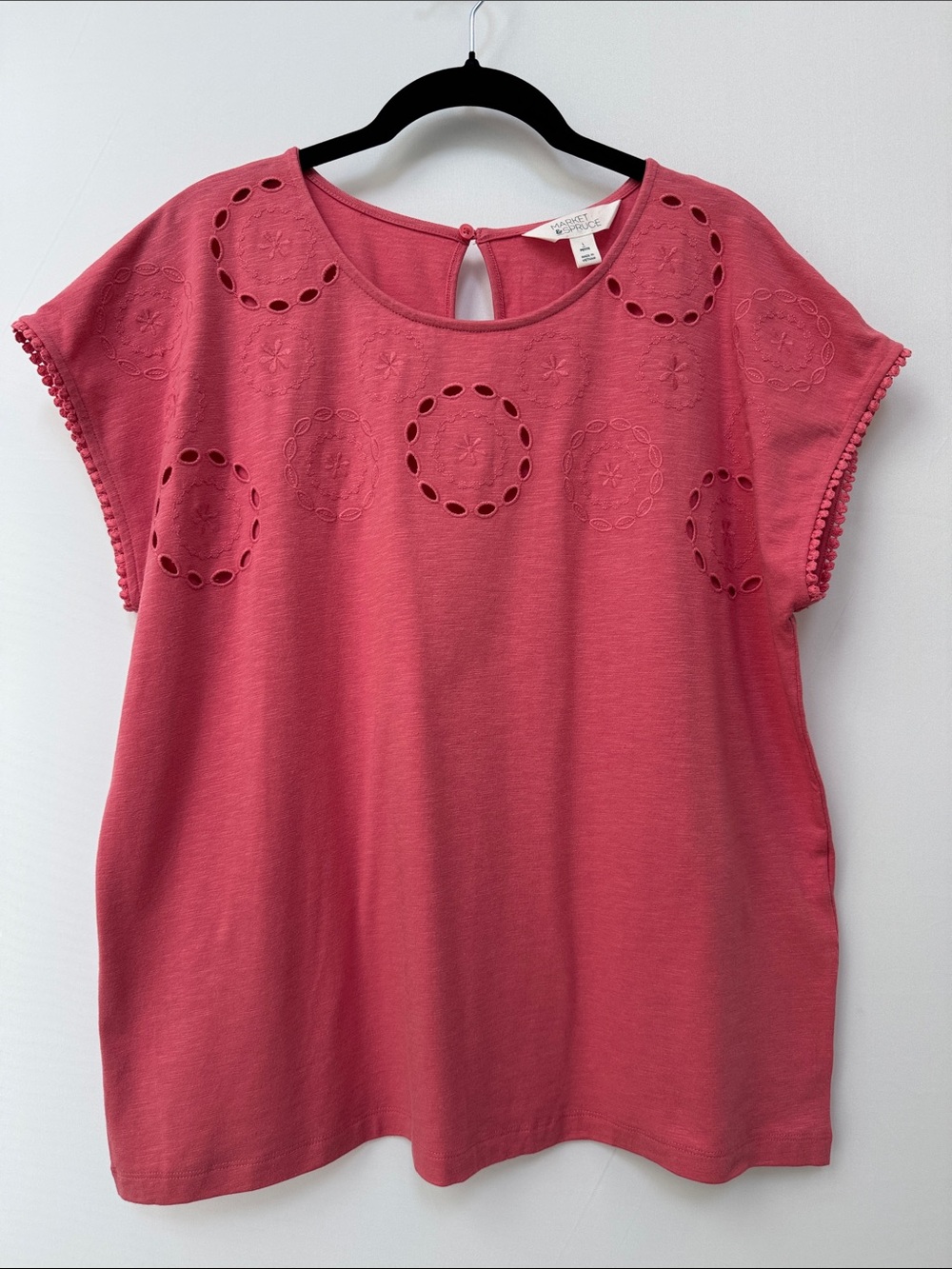 Market & Spruce Luna Pink Short Sleeve Eyelet Trim Top